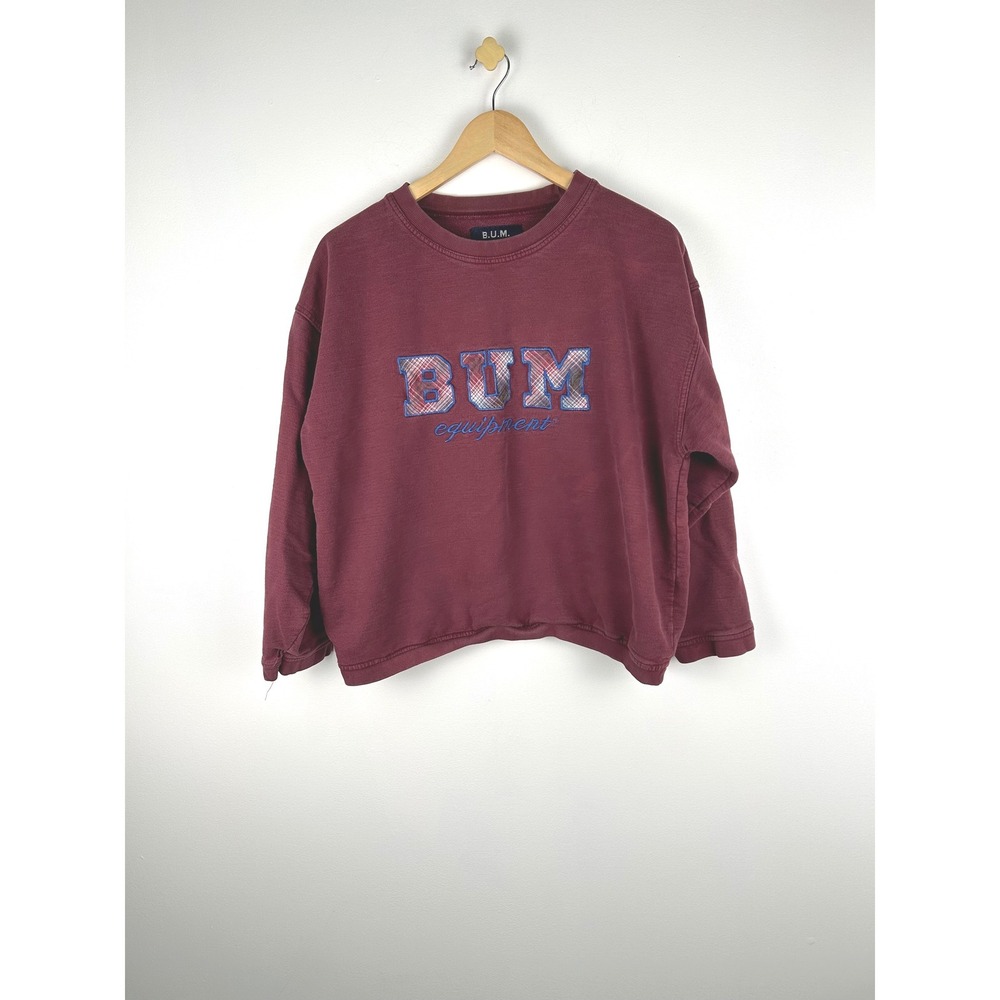 BUM Equipment Burgundy Plaid Logo Crew Neck Sweatshirt